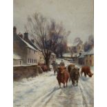 TOMSON LAING Winter Gargunnock with Highland cattle and drover, signed, watercolour, 34 x 24cm