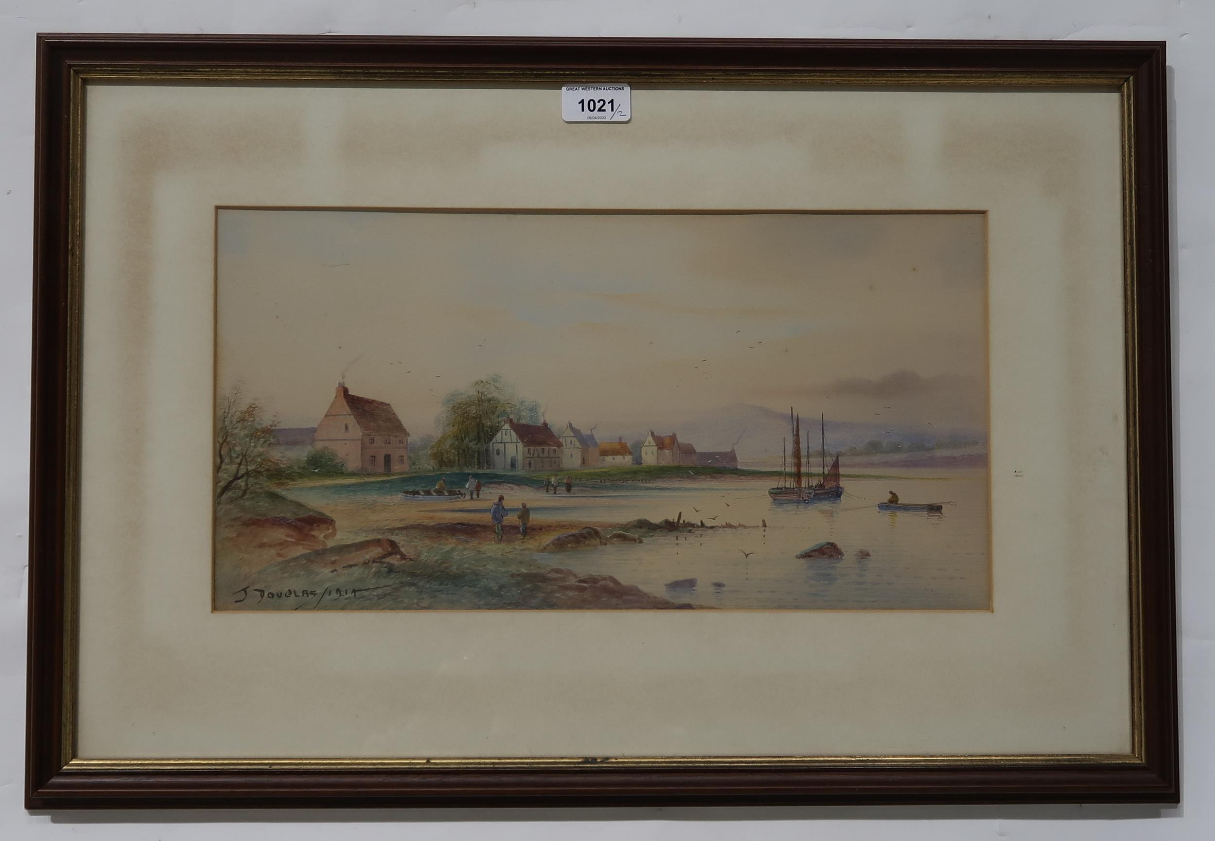 J DOUGLAS River scene and coastal village, signed, watercolour, dated, 1914/15, 25 x 43cm and 23 x - Image 2 of 5