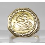 A 1982 gold half sovereign in a 9ct gold hexagonal shaped ring mount, finger size U1/2, weight 10.