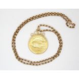 A 1915, 20 dollar coin with soldered on pendant fittings with a 9k gold chain, length 64cm. weight