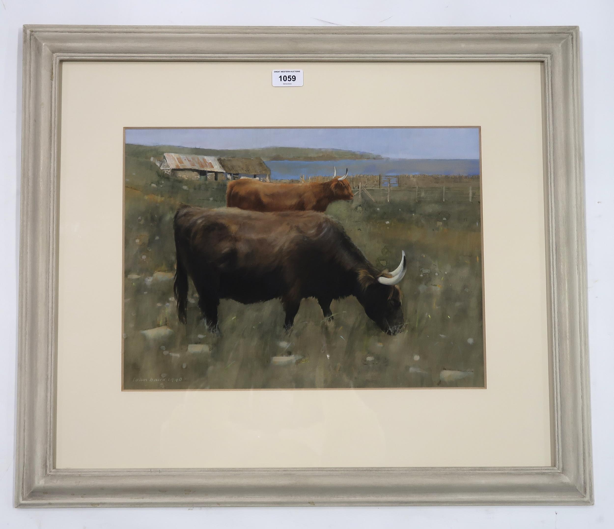 JOHN BAIRD Highland Cattle grazing, signed, watercolour, dated, 1990 32 x 44cm Condition Report: - Image 2 of 4