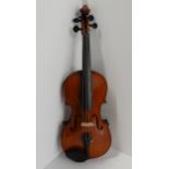 A two piece back violin 35.6 cm together with a violin bow 63 grams and another 56grams with case