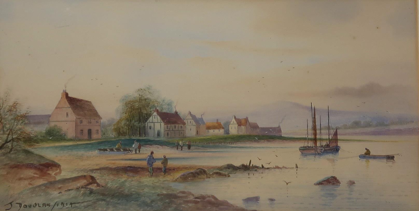 J DOUGLAS River scene and coastal village, signed, watercolour, dated, 1914/15, 25 x 43cm and 23 x