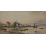 J DOUGLAS River scene and coastal village, signed, watercolour, dated, 1914/15, 25 x 43cm and 23 x