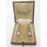 A pair of 9ct gold pearl and moonstone drop earrings, with screw back fastenings, length of drop 3.