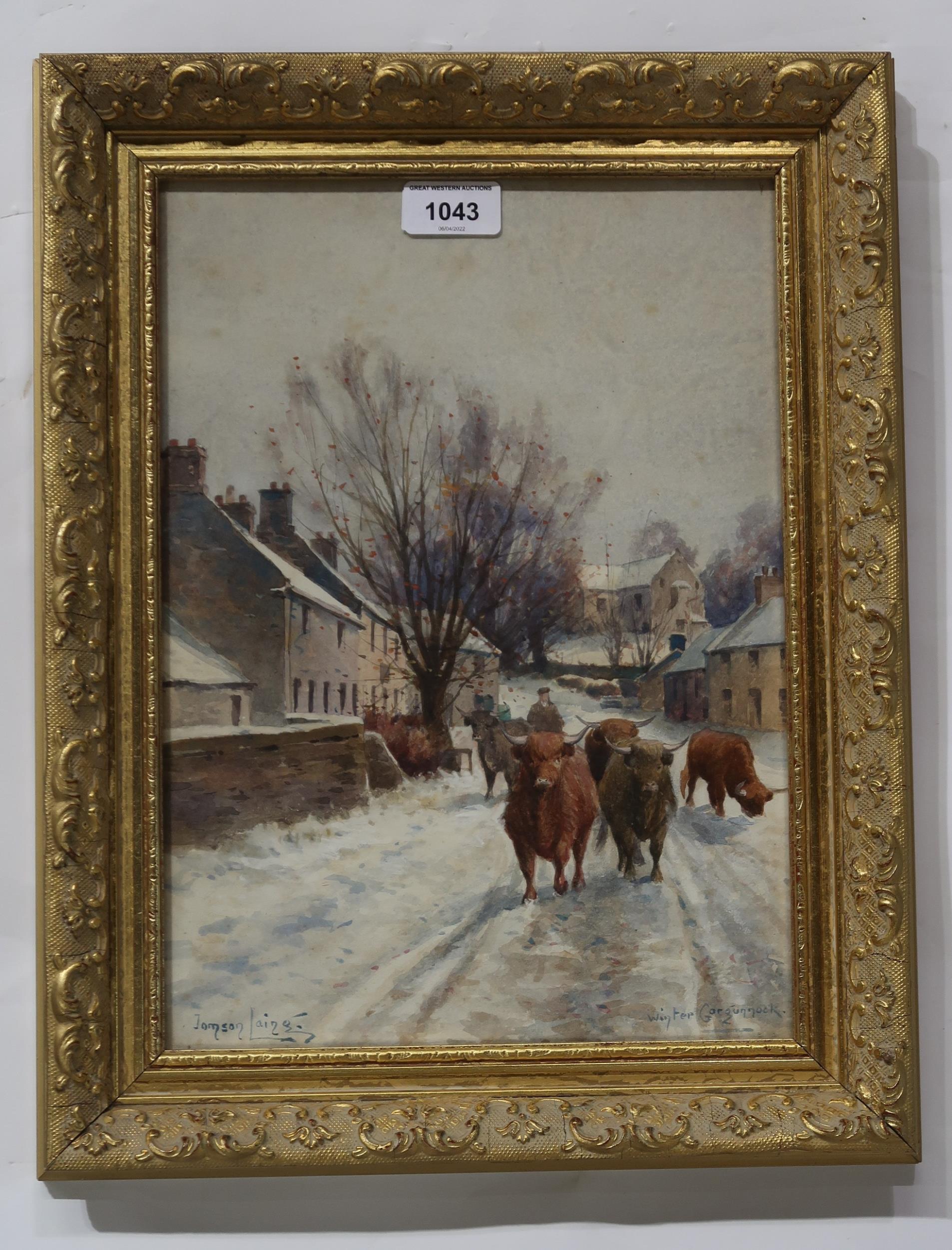 TOMSON LAING Winter Gargunnock with Highland cattle and drover, signed, watercolour, 34 x 24cm - Image 2 of 3