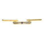 Three gold brooches, a 14k amethyst and diamond brooch, weight 4.2gms, a 15ct bar brooch, weight 2.