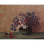 EDITH RUTTER Sweet peas in a vase, signed, oil on canvas, 30 x 38cm, together with two other prints