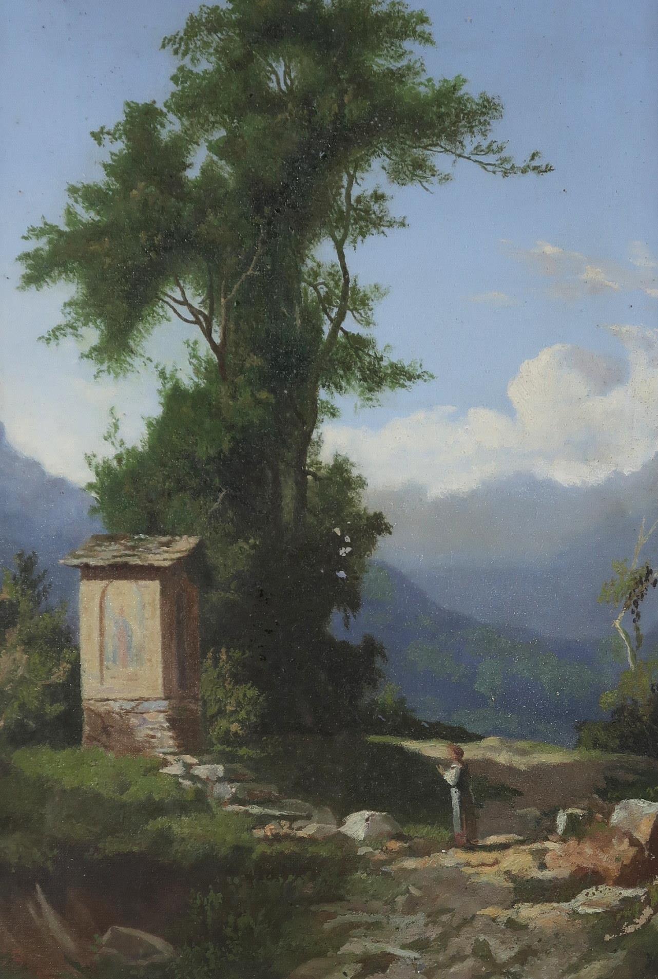CONTINENTAL SCHOOL Roadside shrine, monogrammed, oil on canvas, 44 x 29cm and another (2)