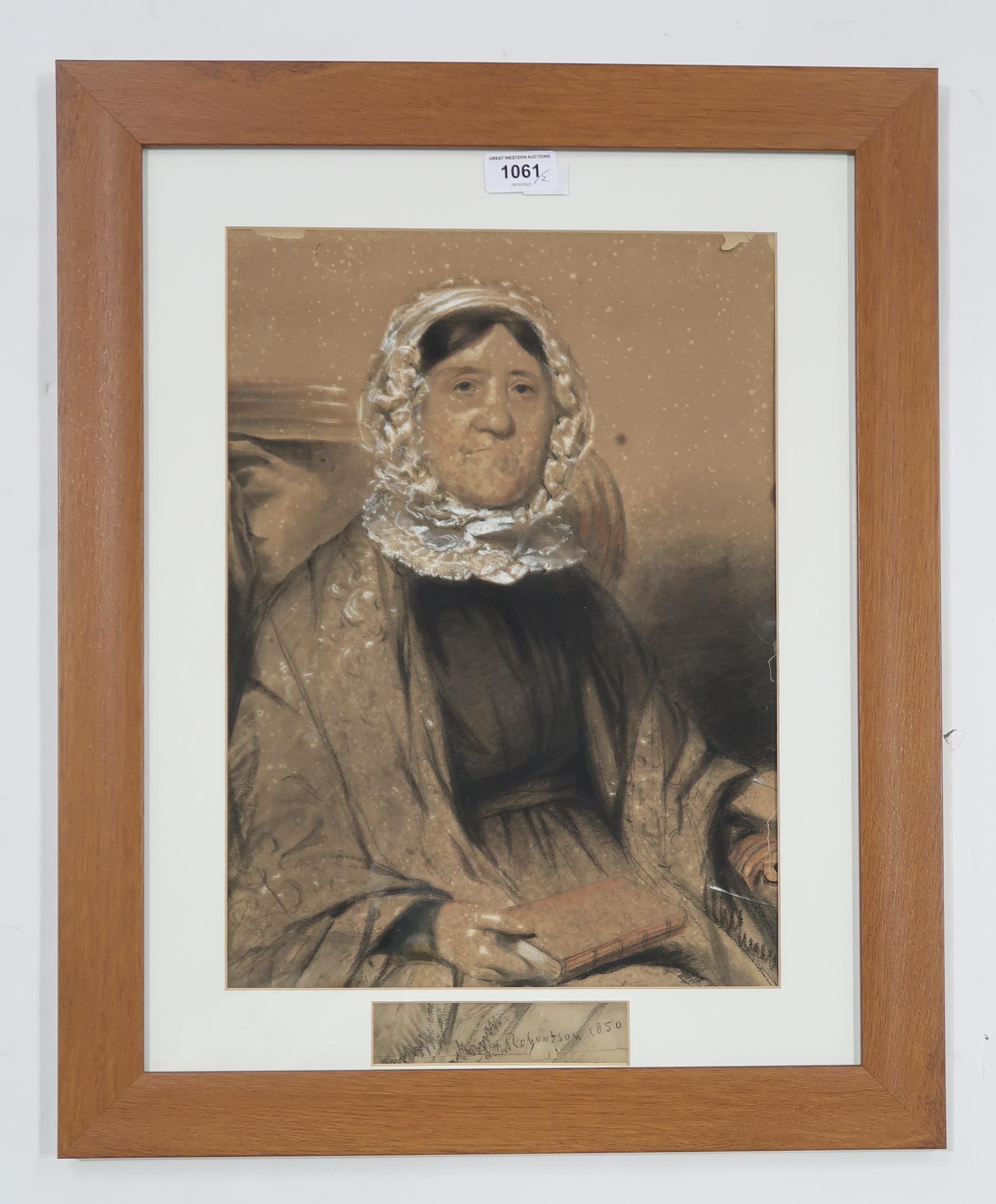 W D ROBERTSON Portrait of an elderly lady, signed, charcoal and chalk,dated, 1850, 40 x 29cm and - Image 2 of 5