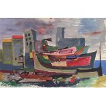 WILLIAM GEAR RA (SCOTTISH 1915-1997) BOATS AND BUILDINGS, PINK FIGURES  Lithograph, signed, numbered