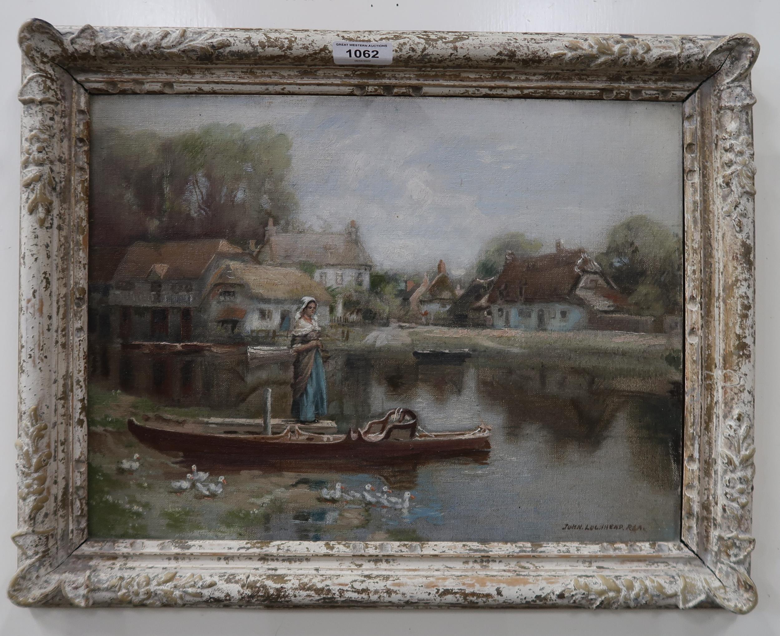 JOHN LOCHHEAD Lady beside a rowing boat, signed, oil on board, 30 x 40cm Condition Report: - Image 2 of 3