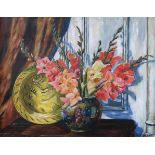 LIZABETH J BRAND Gladioli in cloisonne bowl, signed, oil on canvas, 70 x 91cm Condition Report: