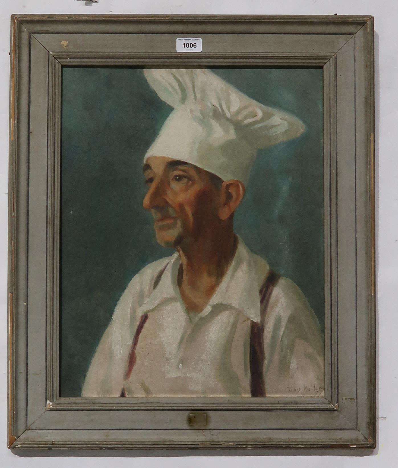 MAY KELLOGG Chef, signed, oil on board, 50 x 40cm Condition Report:Available upon request - Image 2 of 4