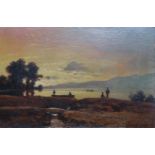 ARRES JULES LAPOQUE Fishing at dawn and at dusk, signed, oil on panel,14 x 20cm (2) Condition