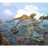 LIZBETH JANE BRAND (PERTH CONTEMPORARY) PROPERTY TAX AND MORGAGE OCTUPUS UNDERWATER, WITH TEXT Oil