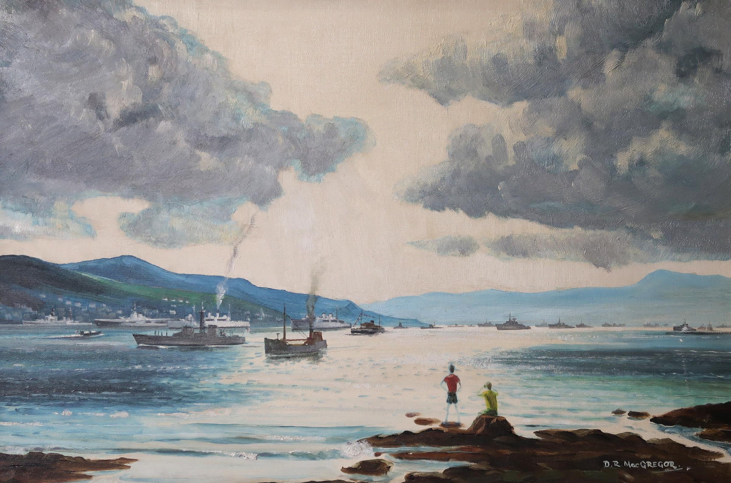 D R MACGREGOR Fleet review on the Clyde, signed, oil on board, 50 x 75cm Condition Report: