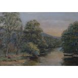 J.A.MASTERSON Riverland scape, signed, oil on board, 25 x 34cm and JAMES HAMILTON GLASS (2)