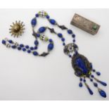 A continental blue goldstone glass statement necklace with enamelled details, an Italian silver