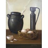 M HILLIG  STILL LIFE WITH EGGS  Oil on canvas, signed lower right, 39 x 29cm  Together with