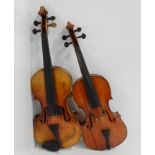 A two piece back violin 35.5 cm with a bow and case and another (def) Condition Report:Available