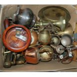 A large box of brass and copper ware and domino themed wall clock etc Condition Report:Available