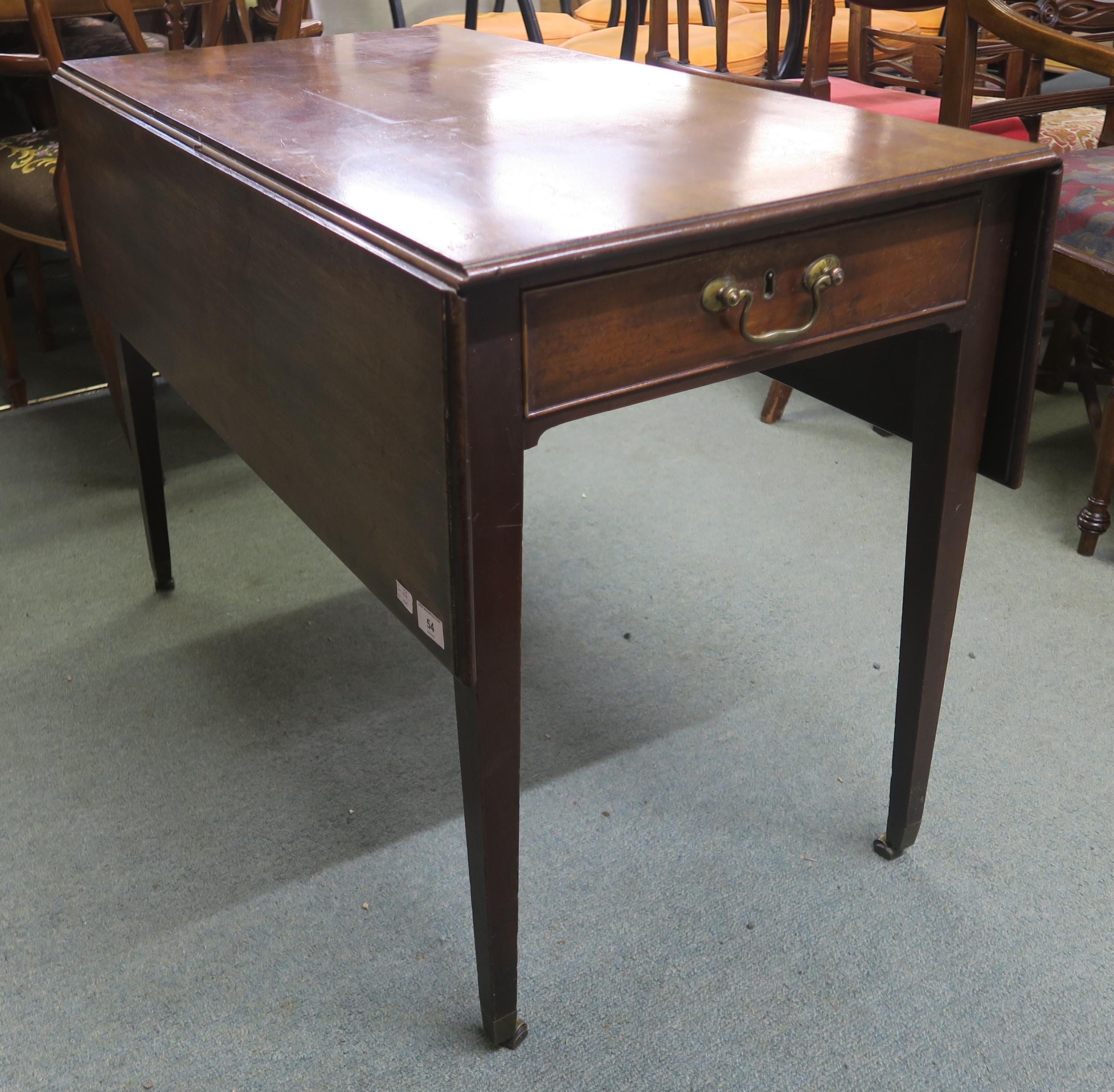 A Georgian mahogany single drawer Pembroke table on square tapering supports, 72cm high x 99cm