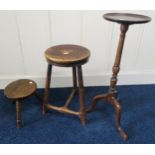 A late Victorian beech stool, another smaller beech stool and a mahogany torchiere stand on tripod