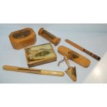 A collection Mauchline ware including thread case, pen case, page turner, pin cushion etc  Condition