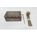 A Persian brass scribes qalamdan pen box and inkwell, a white metal mounted inlaid box and a pen