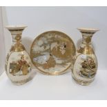 A pair of satsuma vases decorated with figures and a similar plate Condition Report:Available upon