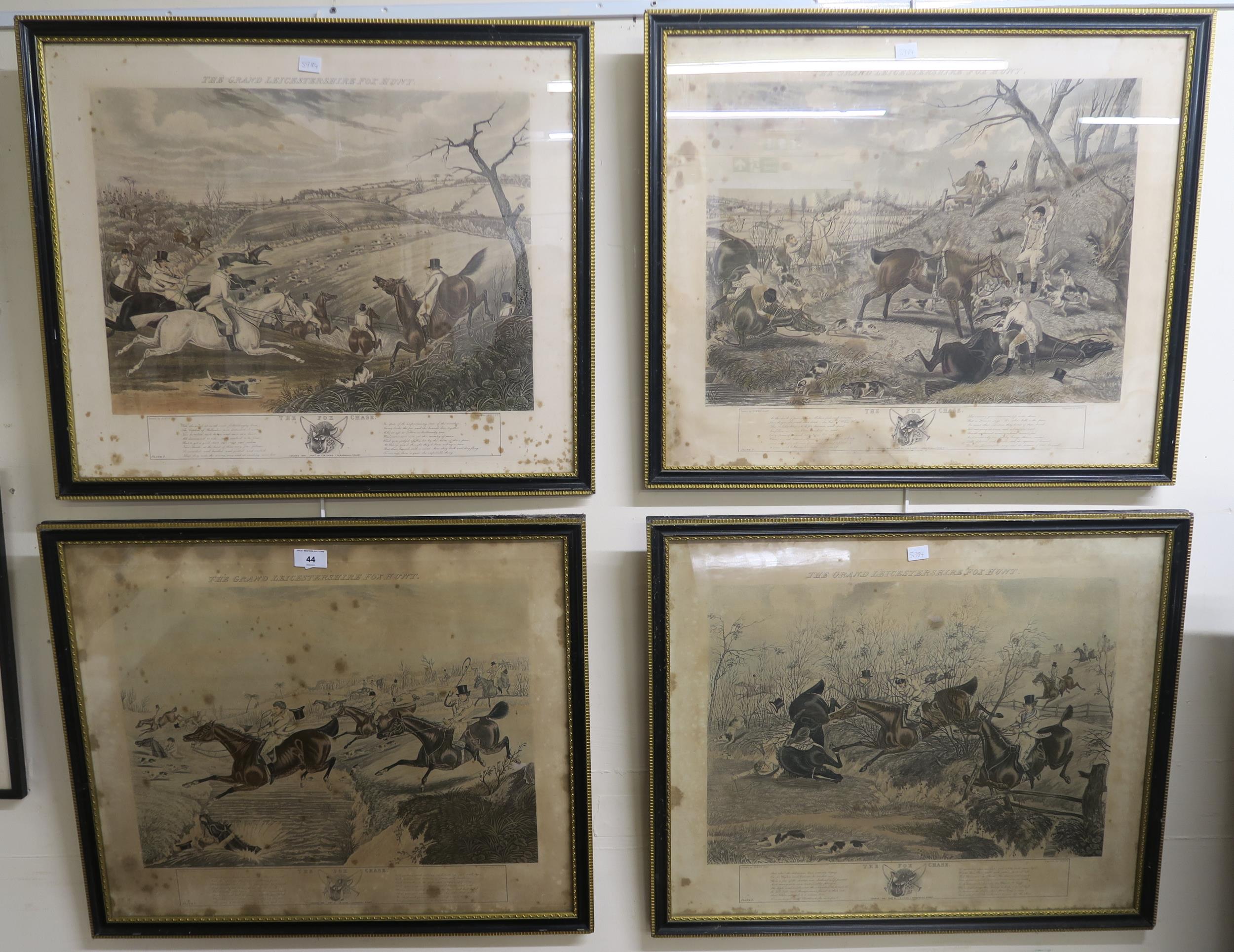 A lot of four framed lithographic prints depicting "The Grand Leicestershire Fox Hunt", a further