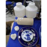 A Chinese blue and white dish, two dessert plates, two 50's glass light shades etc Condition