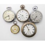 Two silver pocket watches one by John Forrest, a silver fob watch and two chromed pocket watches