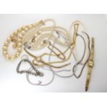 Three silver ribbon chains, a silver curb chain bracelet with a heart clasp and other items