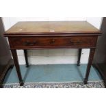 A C19th mahogany foldover tea table, on tapered square legs, the single drawer with