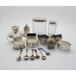 A collection of silver including a silver and agate inlaid inkwell (af) by James Fenton,