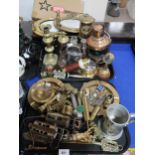 A collection of brassware and other metal items including a Thomas & Williams miners lamp, Lucas