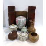 A pair of bamboo brush pots, assorted Chinese vases, pots etc Condition Report:Available upon