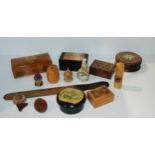 A tray lot of Mauchline ware/treen etc including box, needle case, pin cushion, The Western