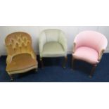 A Victorian upholstered buttonback nursing chair and two 20th century upholstered tub chairs (3)