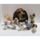 A collection of Beswick animals including a woodpecker, owl, pigeon, dalmatian, spaniel holding '