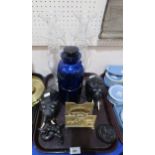 A blue Warren Glass Works chemists jar, a pair of candlesticks, a gilt metal letter rack etc