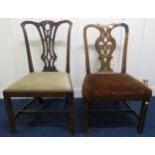 Two Georgian-style dining chairs, both with scrolled back splats, one on square legs, the other on