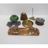 A wooden penwork inkwell decorated with flowers, an Austrian lustre glass inkwell, a Gesetzl