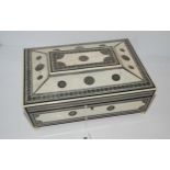 Anglo-Indian decorated and bone mounted sewing box with hinged lid, fitted interior and mirror, 26cm