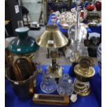 A Orient Express style table lamp, a silvered violin sculpture, an oil lamp, brass ice bucket,