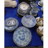 Assorted blue and white transfer printed pottery including Spode, Davenport and patterns including