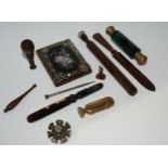 A box of miscellaneous including, double-ended scent bottle, various seals, paper machier note