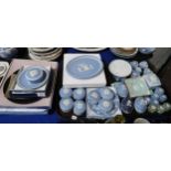 A collection of Wedgwood jasperware including trinket boxes, patch boxes, plates in various